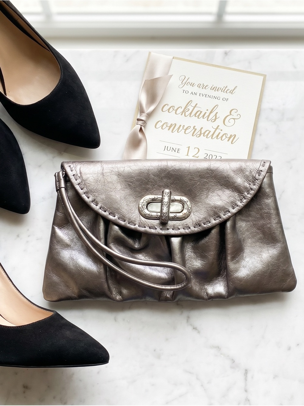 Brighton Brown Leather Wristlet Clutch | Silver Floral Hardware Handbag